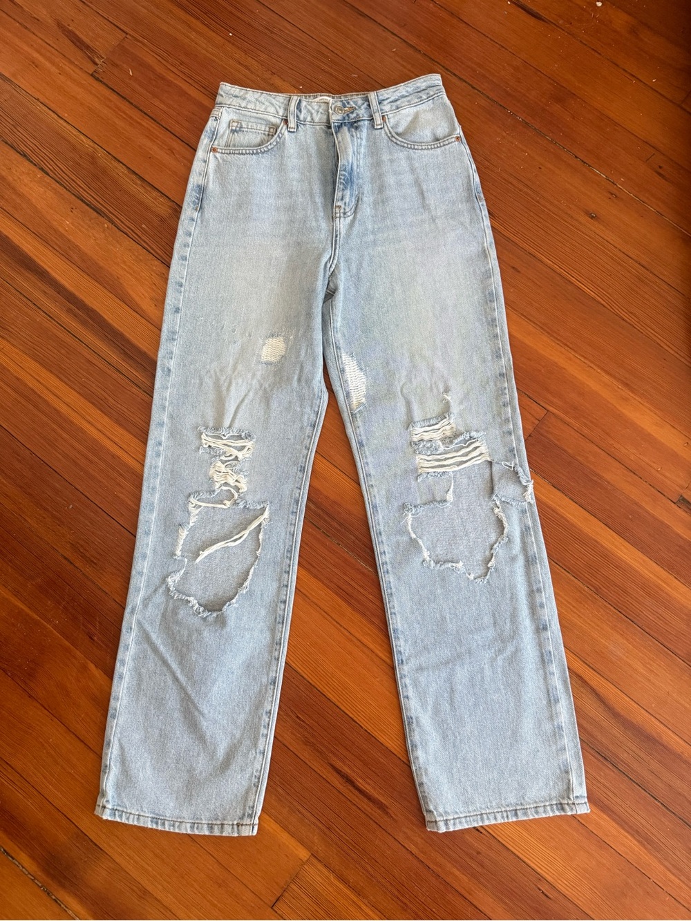 Forever 21 Light Blue Distressed Straight Leg Jeans